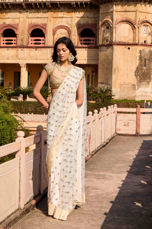 Ivory Banaras Butti Saree