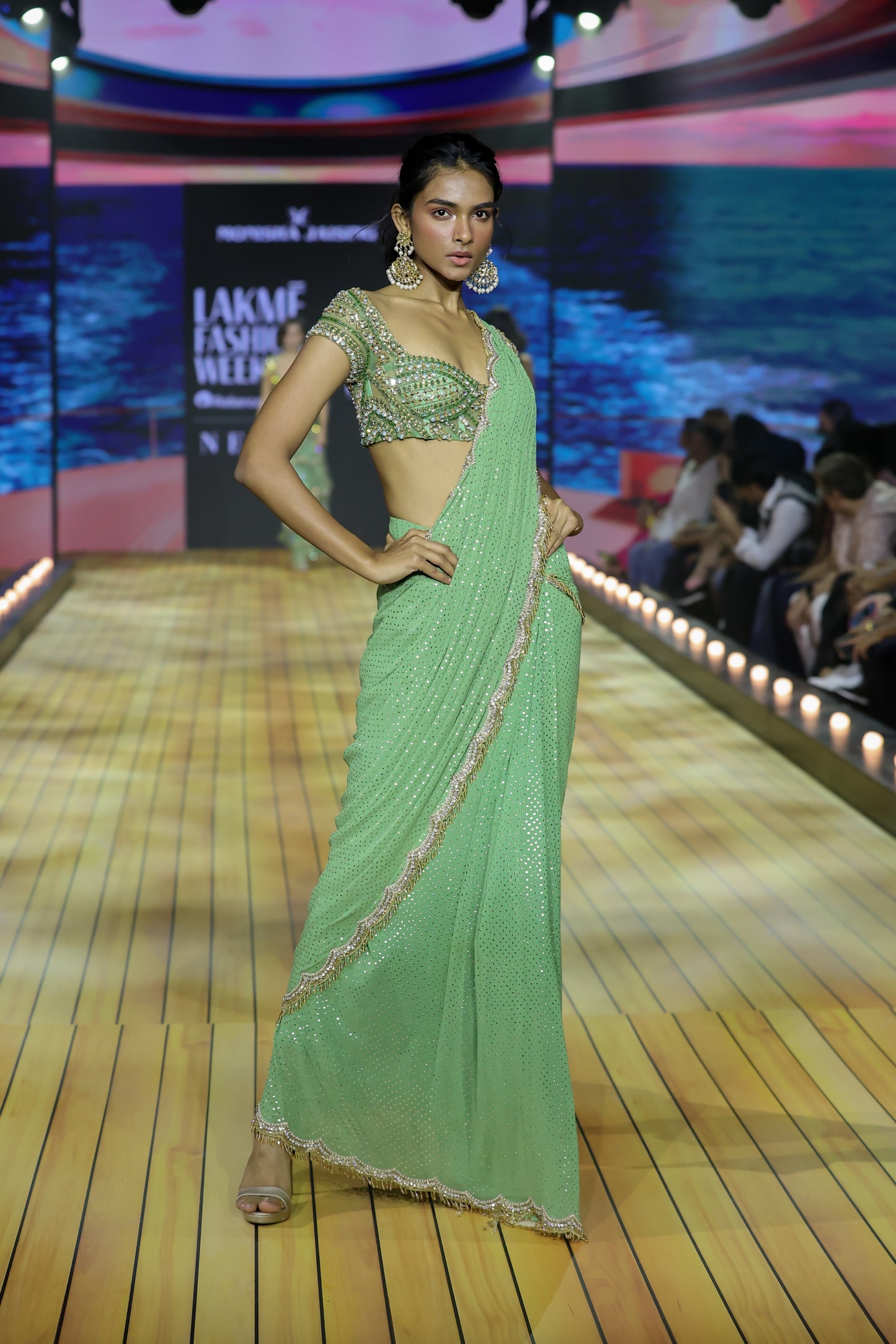 Mistletoe Green Mukaish Saree