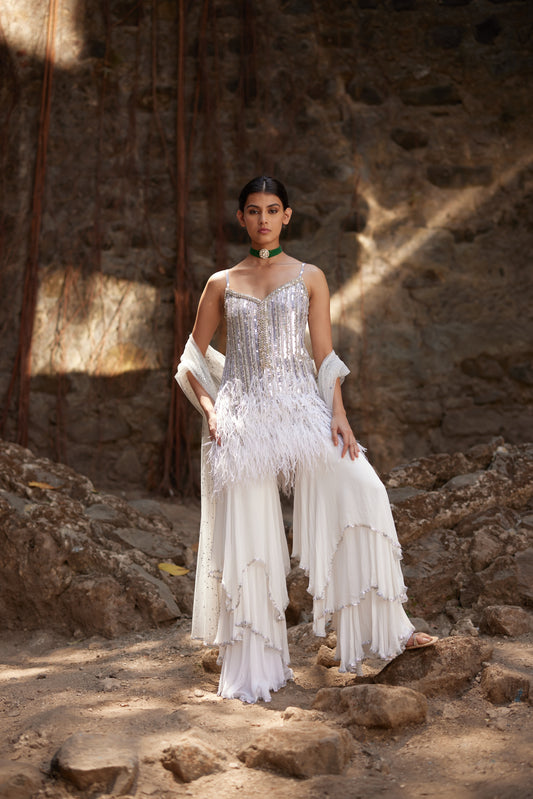 Ivory Sequins Feather Sharara