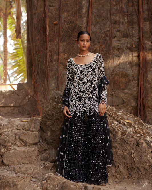 Black Pearl Scalloped Beaded Sharara